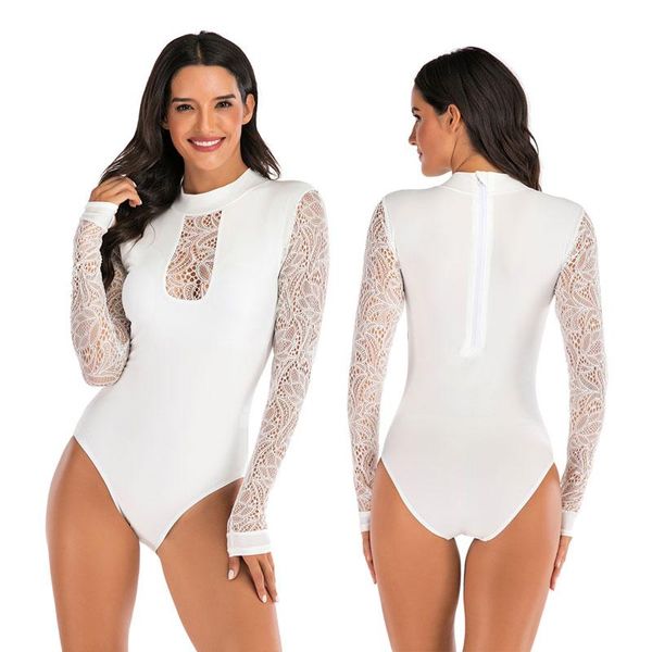 Bikini Set da donna Pizzo bianco Manica lunga Costume da bagno intero See Through Rash Guard Costumi da bagno Cerniera posteriore Costume da bagno sexy Protezione solare