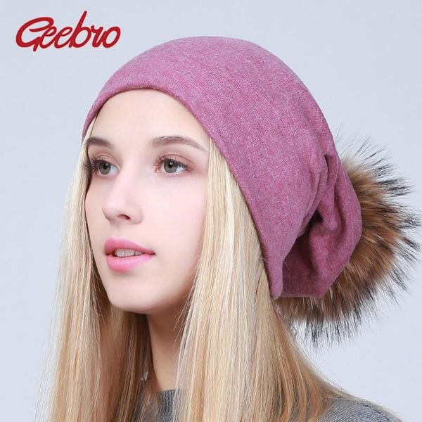 

beanie/skull caps geebro women spring cotton soft beanies with fur raccoon pompom hats solid color casual elastic girls skullies bonnet, Blue;gray
