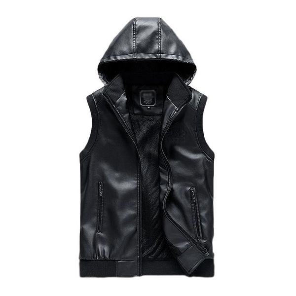 

idopy winter warm men`s biker faux leather waistcoat with hood fleece pu sleeveless jacket hoodie zippers men's fur &, Black