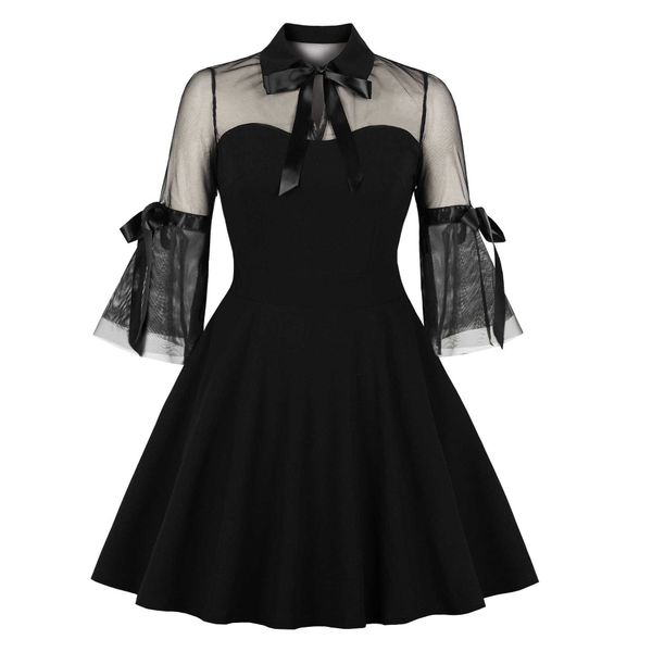 

mesh stitching dress polo collar black basic dresses, Black;gray