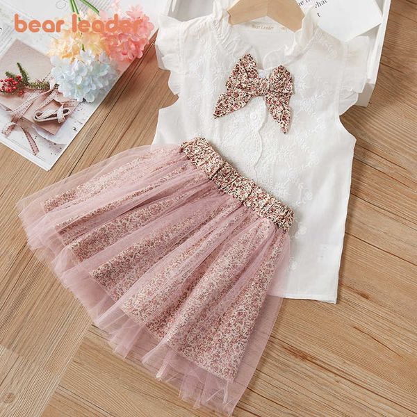 

bear leader girls clothing set summer kids girl clothes sleeveless t-shirt and dress with bow-knot children suit outfit 2 6y 210708, White