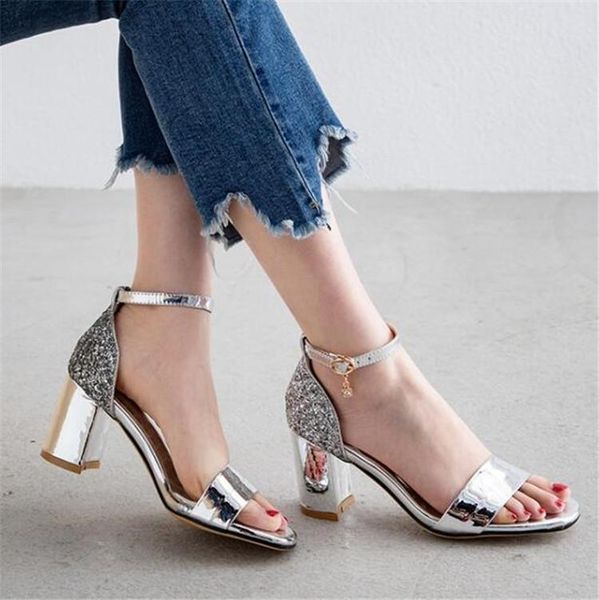 

bling women sandals mirror pu ankle strap chunky block square high heels office ladies shoes plus size gold silver red, Black