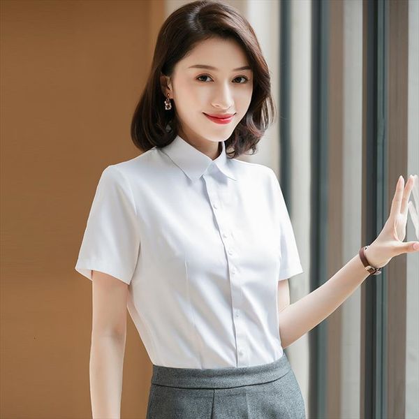 

slim fit basic simple womens shirts short sleeve dress formal office social work shirt fashion blouse blusa feminina, White