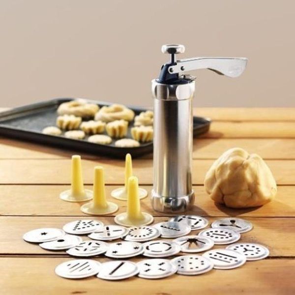 

biscuit press set cookie maker machine kit stainless steel 20 discs 4 icing tips spritz dough biscuits making tools drop baking moulds