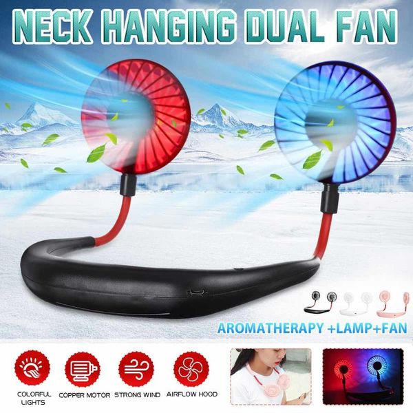 

electric fans mini portable neck hands-air cooler usb rechargeable 3 speed adjustable colorful light fan dual heads