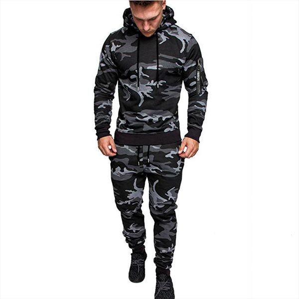 

camouflage spring sports sets mens tracksuit zipper print sweatshirt pants sportswear hoodies joggers, Gray