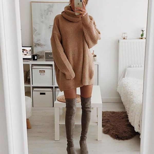 

casual dresses women long sleeve pullover dress autumn elegant solid office lady mini winter turtleneck warm knitted sweater, Black;gray