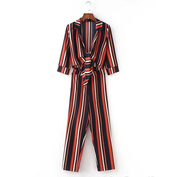 

casual lady knotted lacing striped conjoined trousers fashion women three quarter sleeve jumpsuits siamese pants p595 210430, Black;white