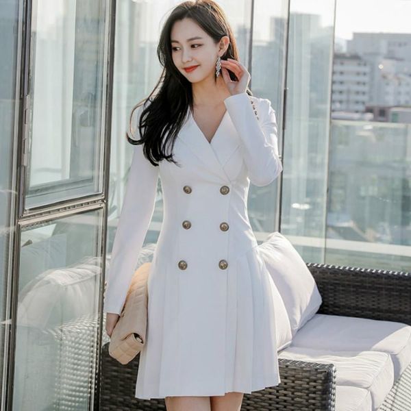 

casual dresses 2021 autumn notched ol slim double breasted outerwear blazer offie fishtail mini solid female, Black;gray