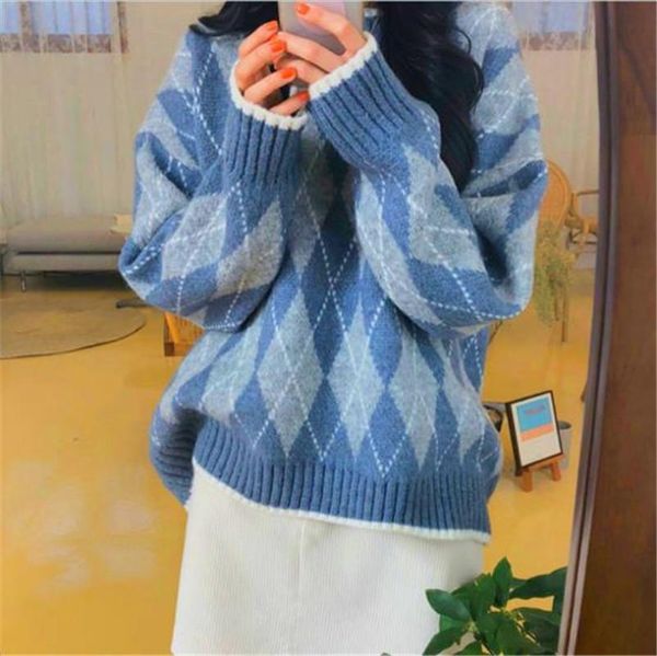 

women's sweaters autumn winter kintted women loose bottoming pullover geometric plaid lady long sleeve mash up sweater, White;black
