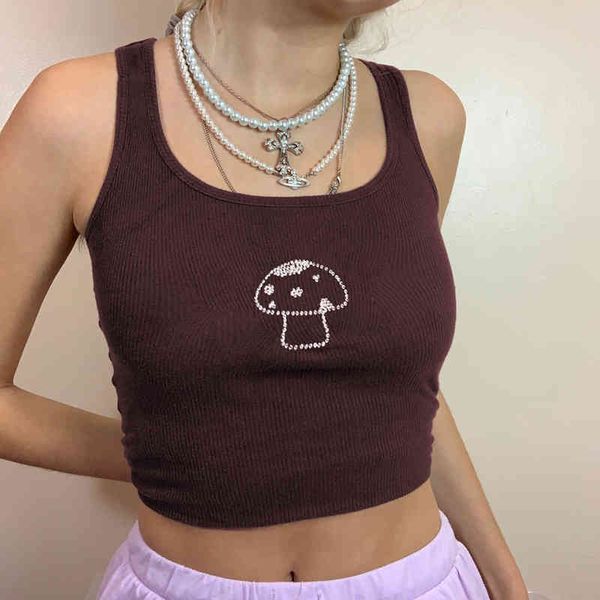 Brown Mushroom Print Kawaii Y2K Canotta Moda donna Nuova estate senza maniche Cute Sweet Crop Vest Slim Donna Streetwear 210415