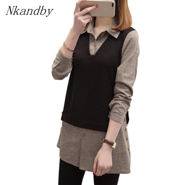 

women's blouses & shirts plus size womens and fashion turn down collar knitted patchwork shirt long sleeve blusa feminina 5xl ladies, White
