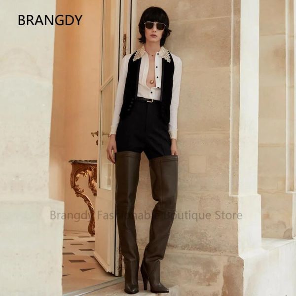 

boots 2021 smooth leather over the knee almond pointed toe stretch thigh high booties women runway banquet platform botas mujer, Black