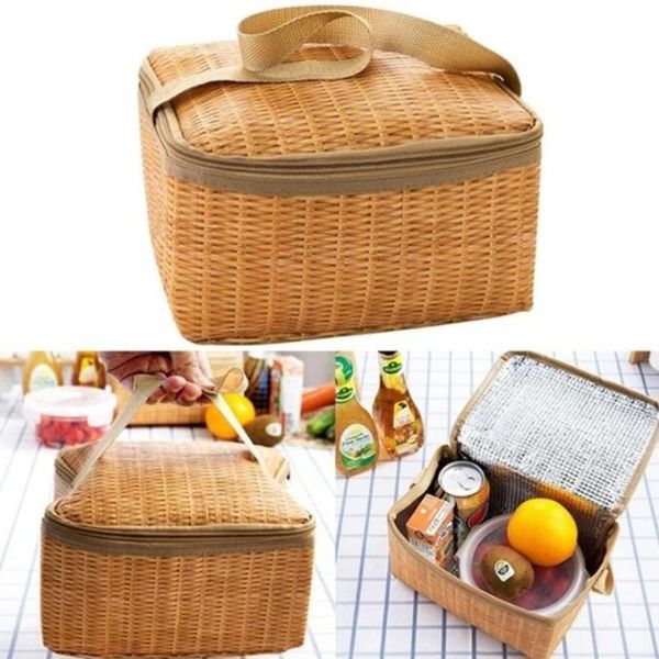 

storage bags wicker rattan picnic bag portable outdoor camping waterproof lunch insulated cooler food organizer tableware basket