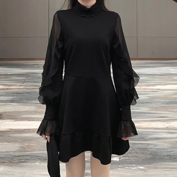 

casual dresses vintage gothic dress streetwear women a line fashion mesh see-through long sleeve high waist elegant party short, Black;gray