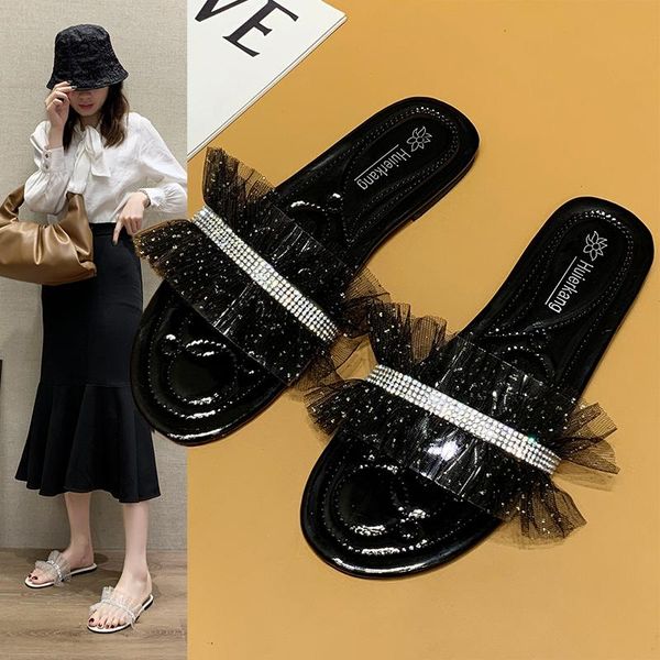 

female shoes slippers casual slides low lace jelly flip flops 2021 luxury soft summer glitter rubber flat pu scandals crystal, Black