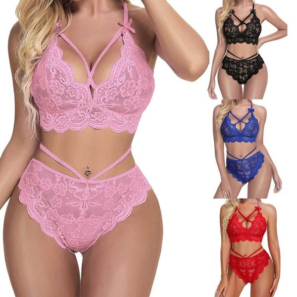 

bras sets women's lingerie set two piece clothes exotic apparel lace bra and panty with bowknot babydoll chemises, Red;black