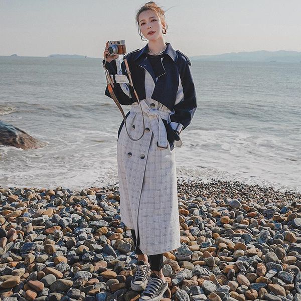 

women's trench coats spring and autumn splicing fashion windbreaker large size loose plaid high-end cotton cape, Tan;black