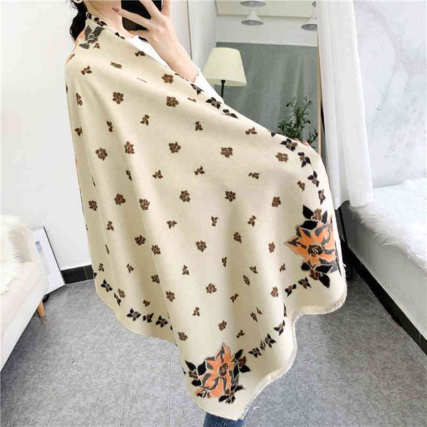 

design autumn and new women's double-sided flower imitation cashmere dual-purpose large shawl thickened warm scarf, Blue;gray