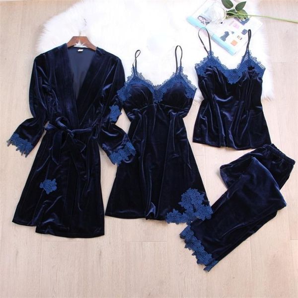 

winter velvet pajamas set soft women sleepwear keep warm pjs 4pcs full sleeve velour nightgown bath robe lingerie, Black;red
