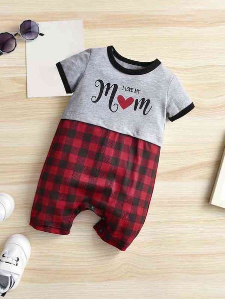 

baby buffalo plaid & slogan graphic contrast binding romper she, Blue