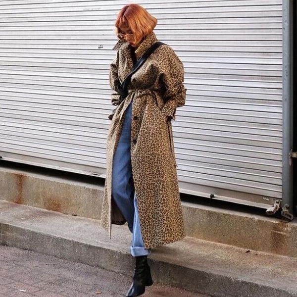 

women's trench coats zcsmll turn-down collar full sleeve jackets loose fashion korean leopard print long fund windbreaker coat tm1795, Tan;black