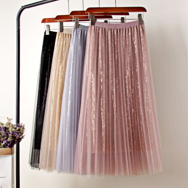 

skirts sequined maxi tulle skirt spring metallic shining mesh long skirts, Black