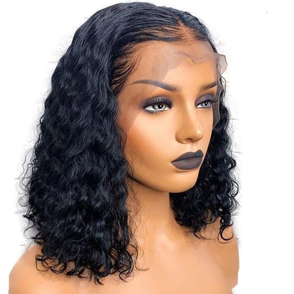 

short curly bob human hair diva lace front hd wig 130%density, Black;brown