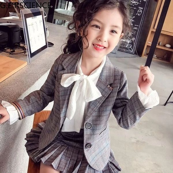 

spring and autumn 3 pieces costume 2022 female student plaid skirt + jacket set girls school fashion clothing set, White
