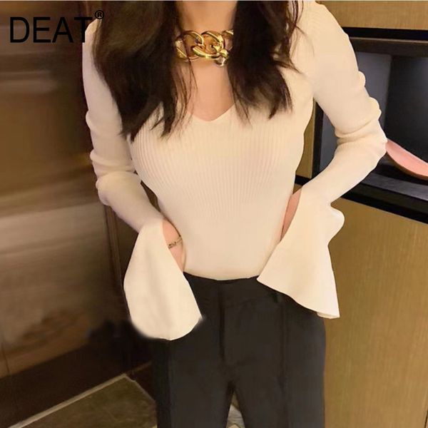 

v-neck collar split sleeve thread knitted t-shirt women black and white style spring summer gx764 210421