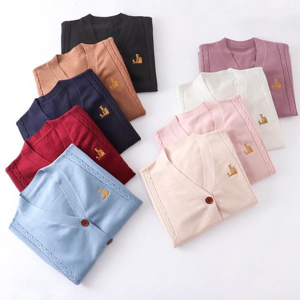 

clothing sets [kuini town] 9 colors spring autumn long sleeve embroidery knitted cardigan v neck sweaters jk school uniform student clothes, White