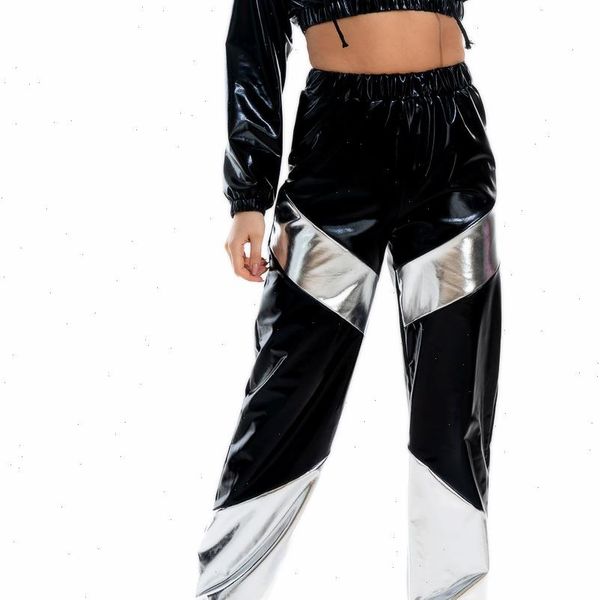 

reflective long with pockets womens pants high waist loose holographic patchwork trousers club dance jogger clubwear, Black;white