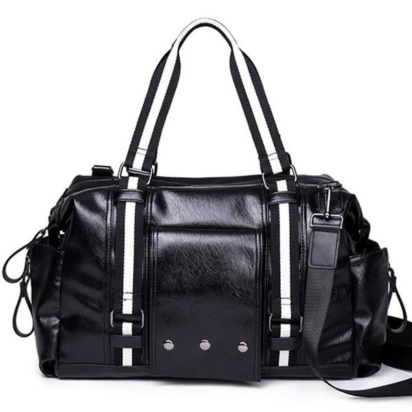 

duffel bags fashion pu leather men's travel bag luggage men carry on weekend shoulder messenger computer big tote handbag black