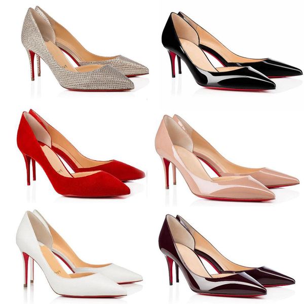 

super quality womens sandals pumps side-heel reds bottom dress high heels suede/patent leather pointed toe pump red soles wedding lady, Black