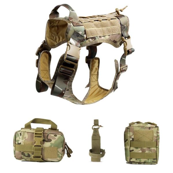

large dog clothes vest outdoor tactical molle d4 with 3 bag pet jungle protective clothing hunting jackets, Camo;black