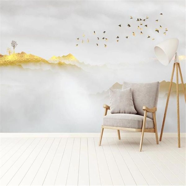 

wallpapers milofi background wall custom golden ink landscape modern chinese tv sofa