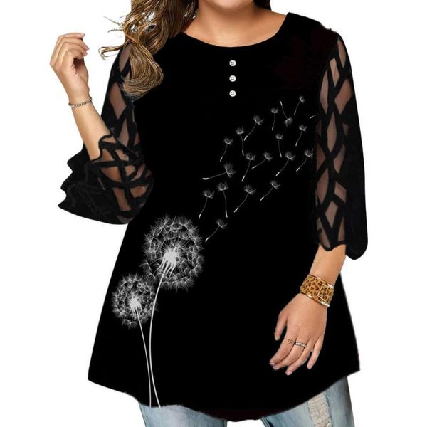 

plus size t-shirt woman blouses 2021 spring autumn mesh see through sleeve floral print casual blouse shirt ladies, Black