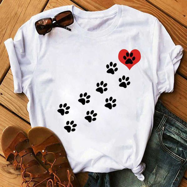 Kırmızı Kalp Köpek Pençe Baskı T Gömlek Moda Kadınlar T Gömlek Yaz Casual Tops Kadın Kısa Kollu Tee Gömlek Bayanlar Sevimli T-Shirt Üstleri X0527