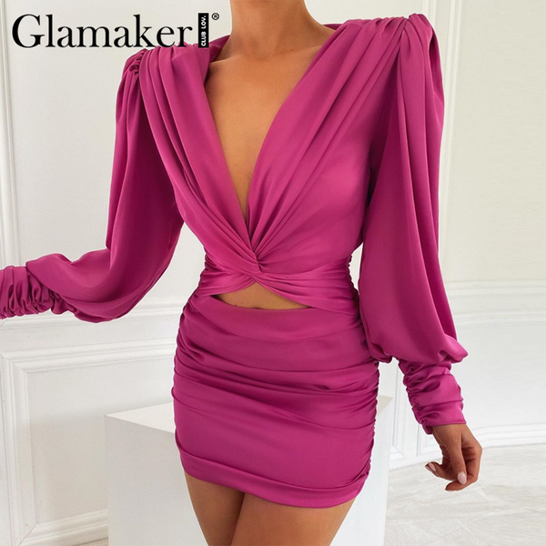 

glamaker deep v neck bodycon dress party club hollow out mini dress elegant winter autumn chic lantern sleeve satin dress, Black;gray
