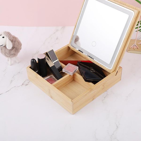 

mirrors natural wood cosmetic storage box with led light portable mirror case retro lighting makeup