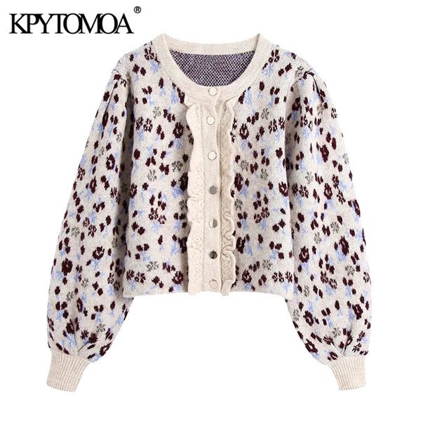 

women fashion jacquard cropped knitted cardigan sweater vintage lantern sleeve buttons female outerwear chic 210416, White;black