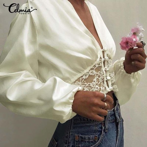 

women's blouses & shirts fashion celmia 2021 summer women satin lantern sleeve lace deep v-neck casual elegant office blusas, White