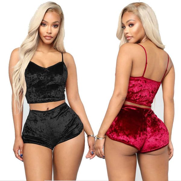 set sexy Moda donna Tinta unita Due pezzi sexy Lingerie Outfit Strap Crop Top con pantaloncini Set da notte Plus Size Q0706