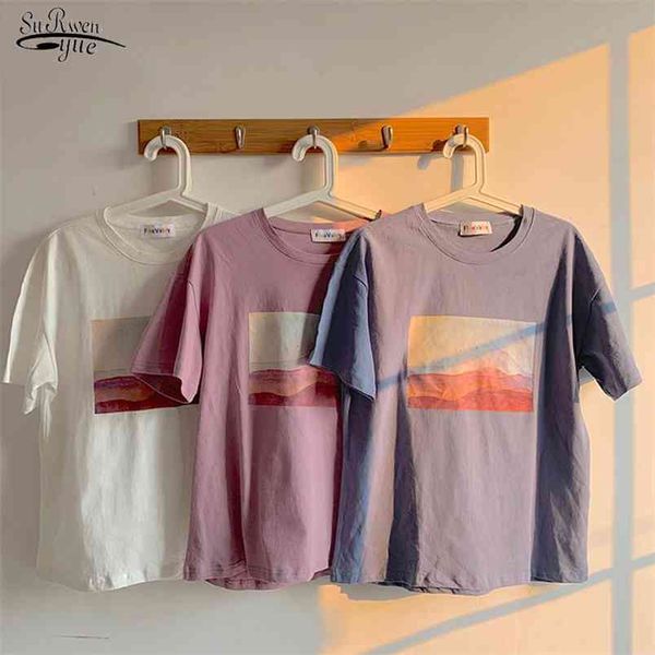 

blusas summer casual blouse women short sleeve cotton clothes o-neck landscape female vintage shirts 9999 210421, White