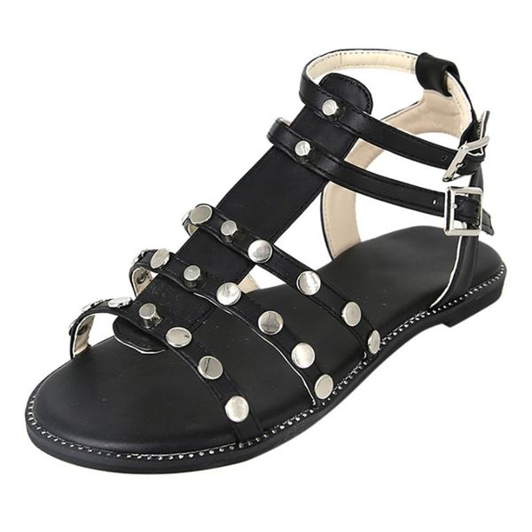 

shoes women's sandals beachwear womens flat block buckle strap peep toe summer rivet #40, Black