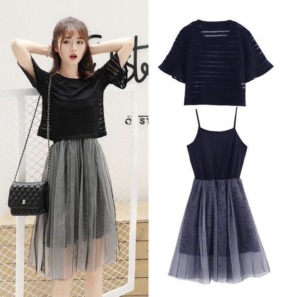 

women dress short polyester summer vestidos mujer mesh a line mini dresses female elegant shirt sling two piece set fashion, Black;gray