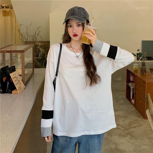 

women's t-shirt autumn contrast color thread stitching long-sleeved women loose top, White