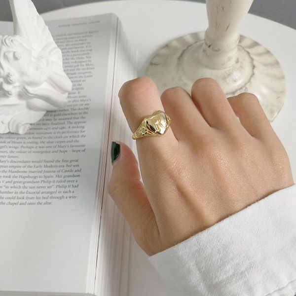

wedding rings korean fancy letter heart 925 sterling silver ring adjustable delicate gold romantic carved flower women fashion luxury jewelr, Slivery;golden