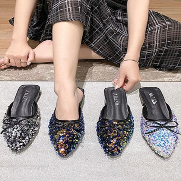 

slippers 2021 summer ladies sandals and wild comfortable sequins bow tie baotou low-heeled female korean version, Black