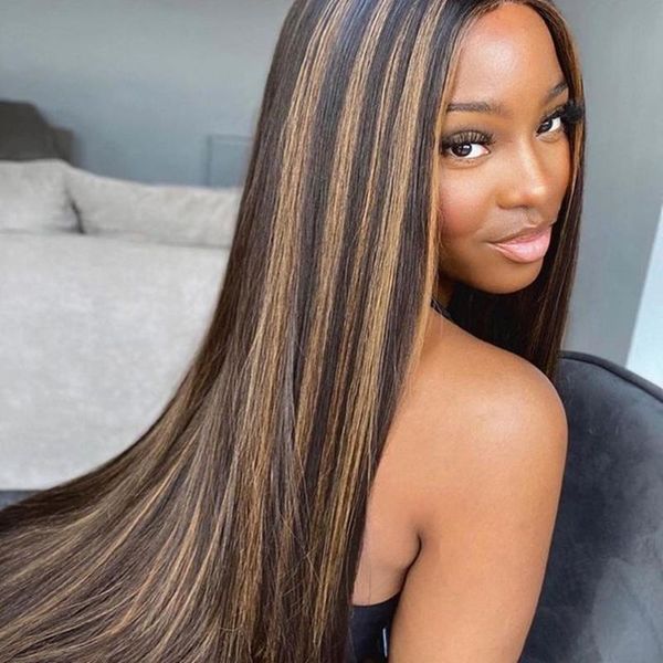 

lace wigs 13x6 straight blonde t part pre plucked ombre 13x4 brazilian highlight brown front human hair wig for black women, Black;brown